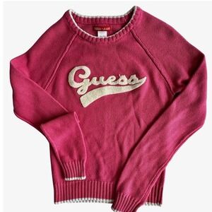 Guess Jeans Girls Pink Knit Varsity Logo Sweater Raglan Long Sleeve Q536A659 L/G